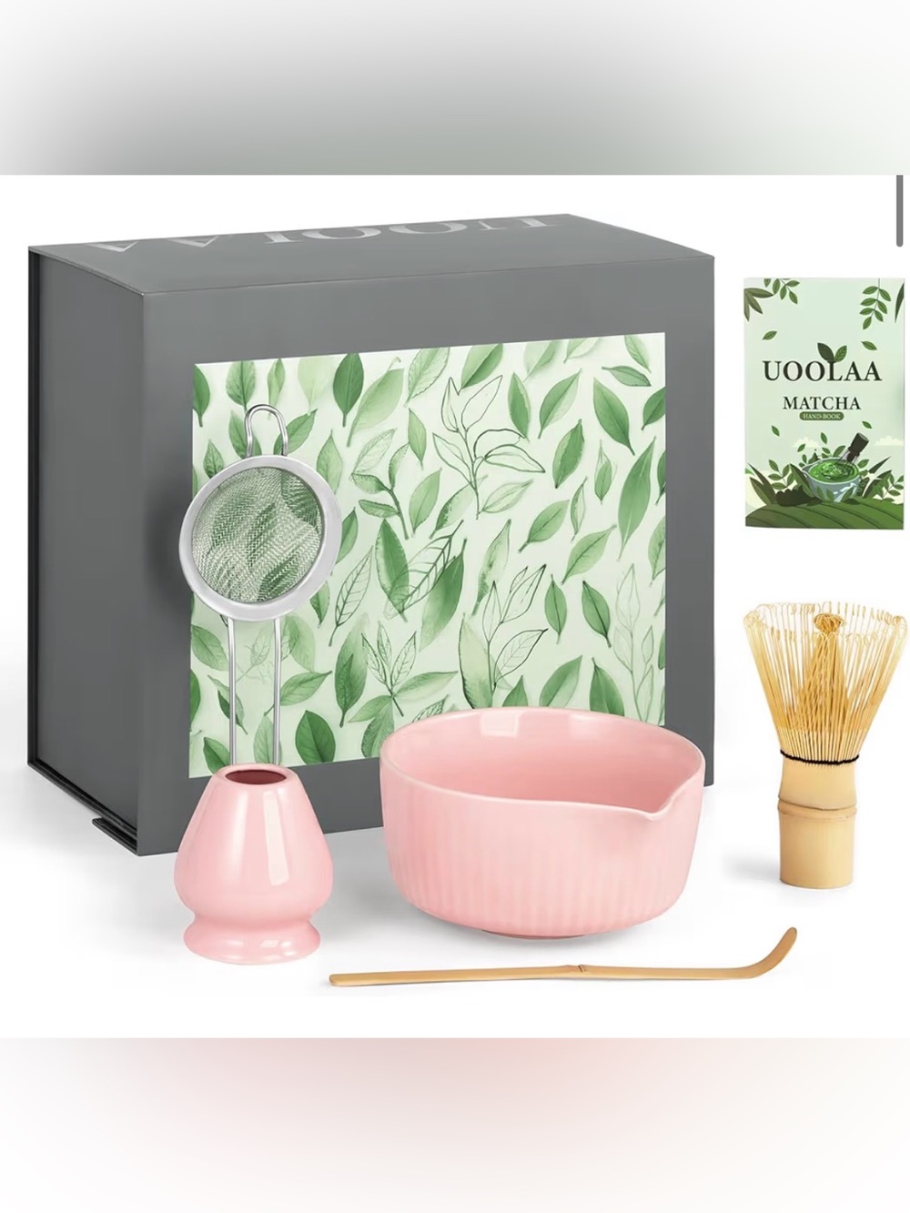 Matcha Tea Set Gift Box with Pink Ceramic Bowl and Whisk